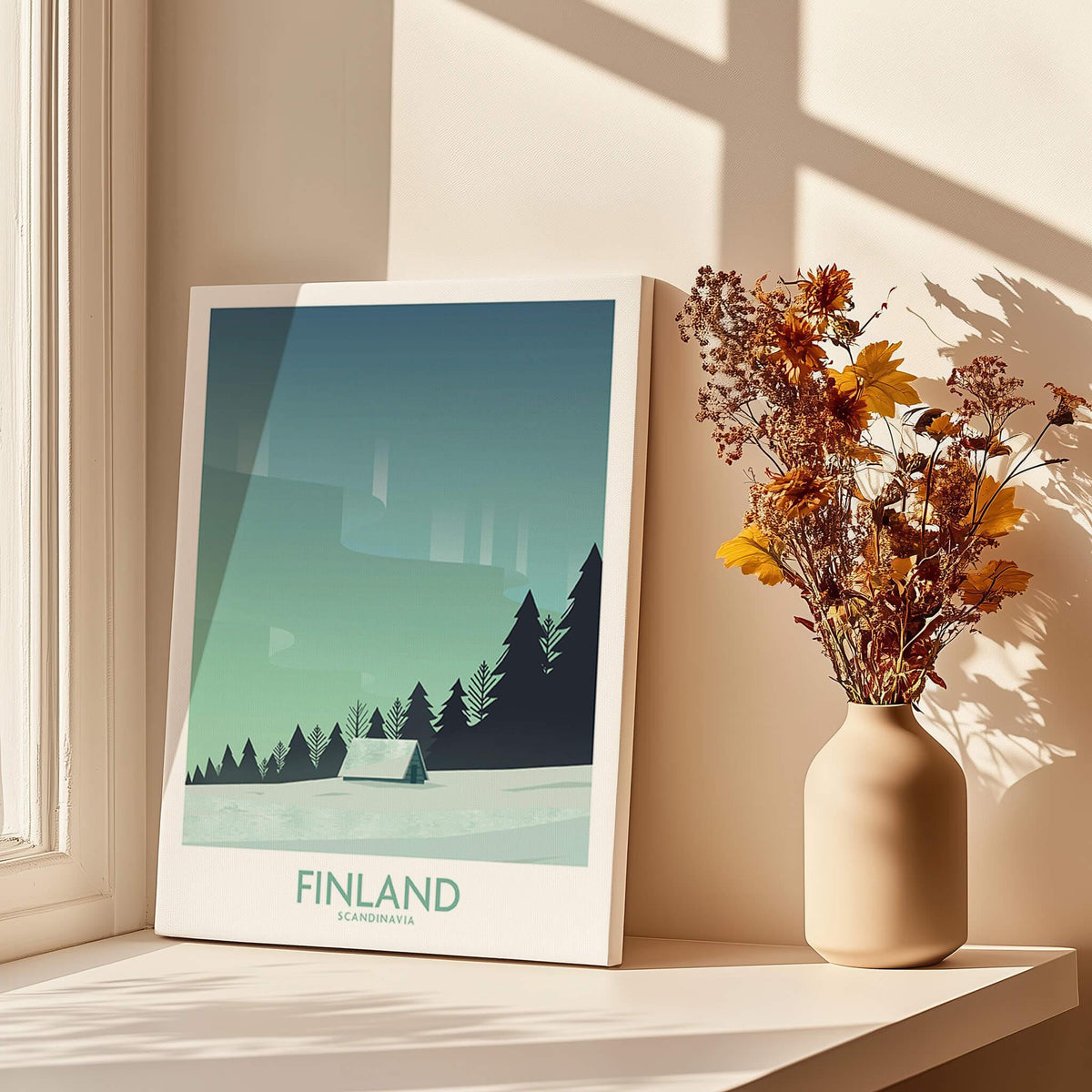 Finland Print Travel Poster showcasing minimalist Arctic landscape design with northern lights and pine trees.