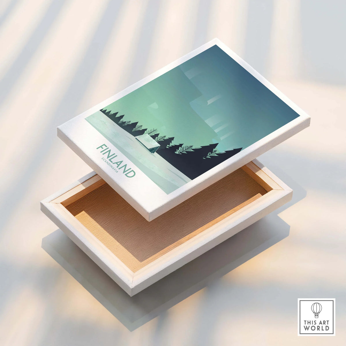 Finland Print Travel Poster featuring a serene design with Arctic imagery in a modern display box.