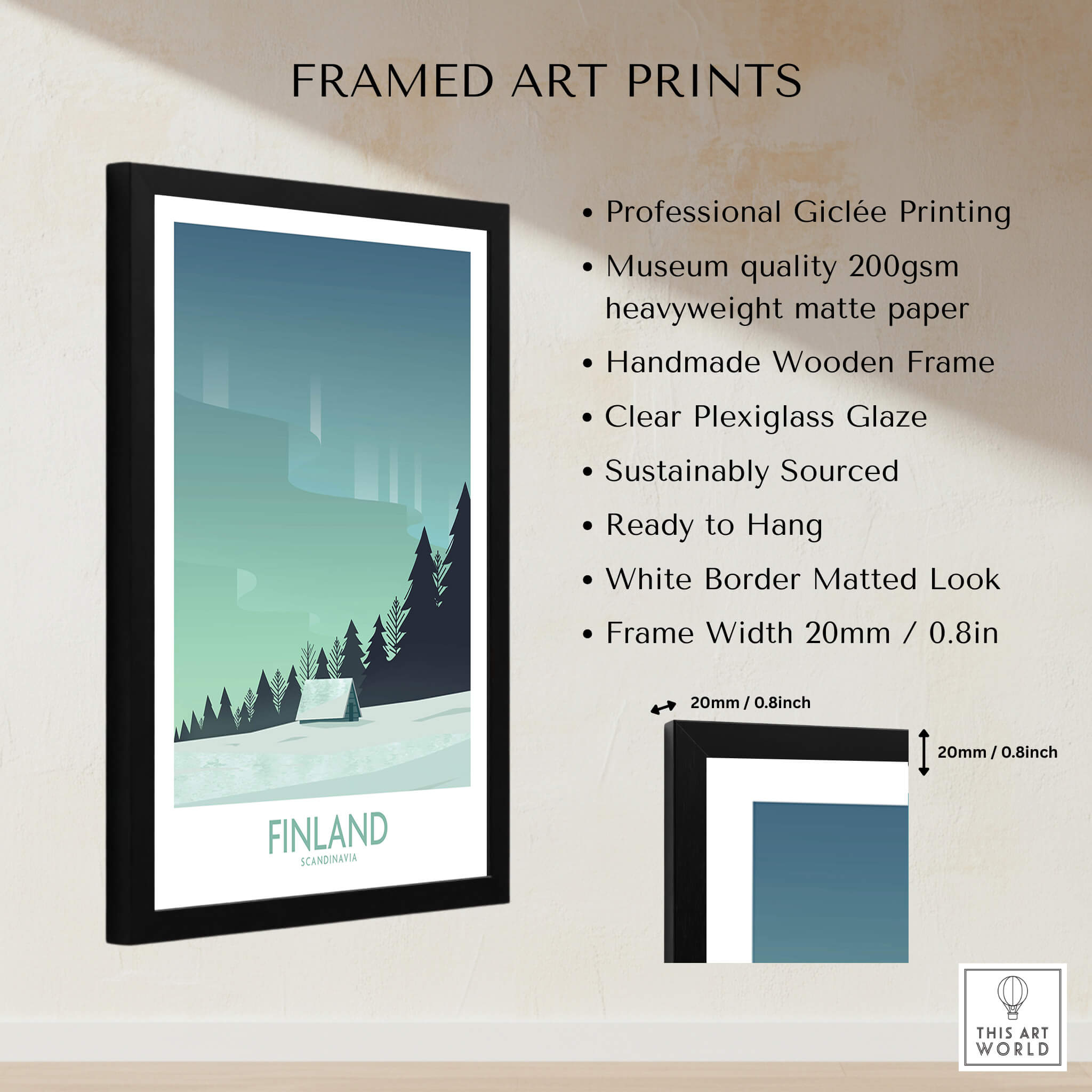 Finland Print Travel Poster framed art print with minimalist design and northern lights.