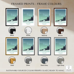 Framed Finland Print Travel Poster available in various frame colors including black, white, natural, and brown.