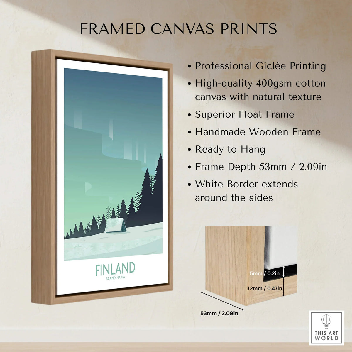 Finland Print Travel Poster in a professional frame showcasing Arctic scenery and modern design.