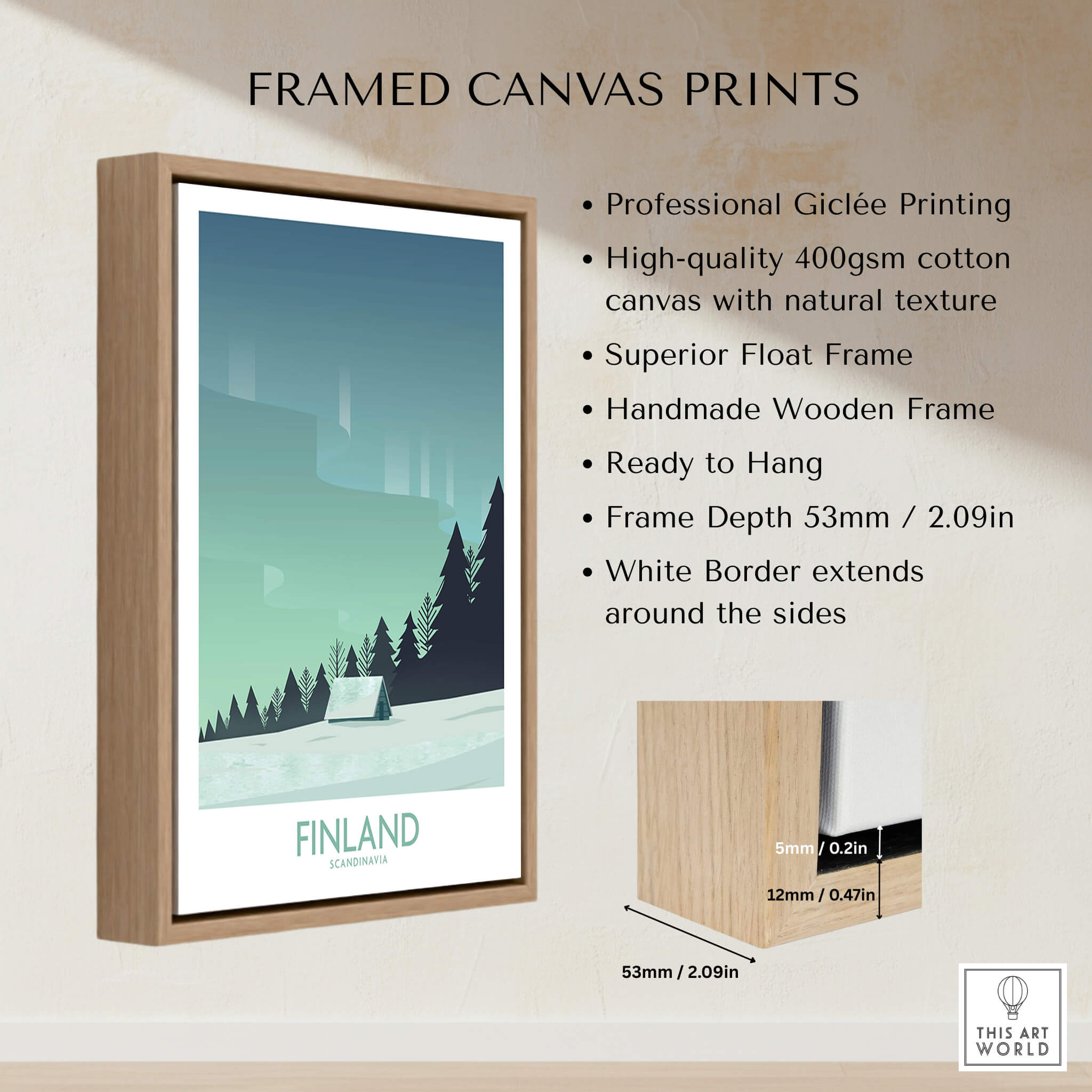 Finland Print Travel Poster in a professional frame showcasing Arctic scenery and modern design.