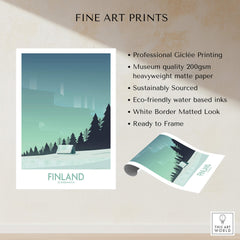 Finland Print Travel Poster featuring minimalistic design and northern lights, perfect for decor lovers.