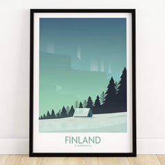Finland Print Travel Poster featuring minimalist design of Finland's landscape with trees and cabin.