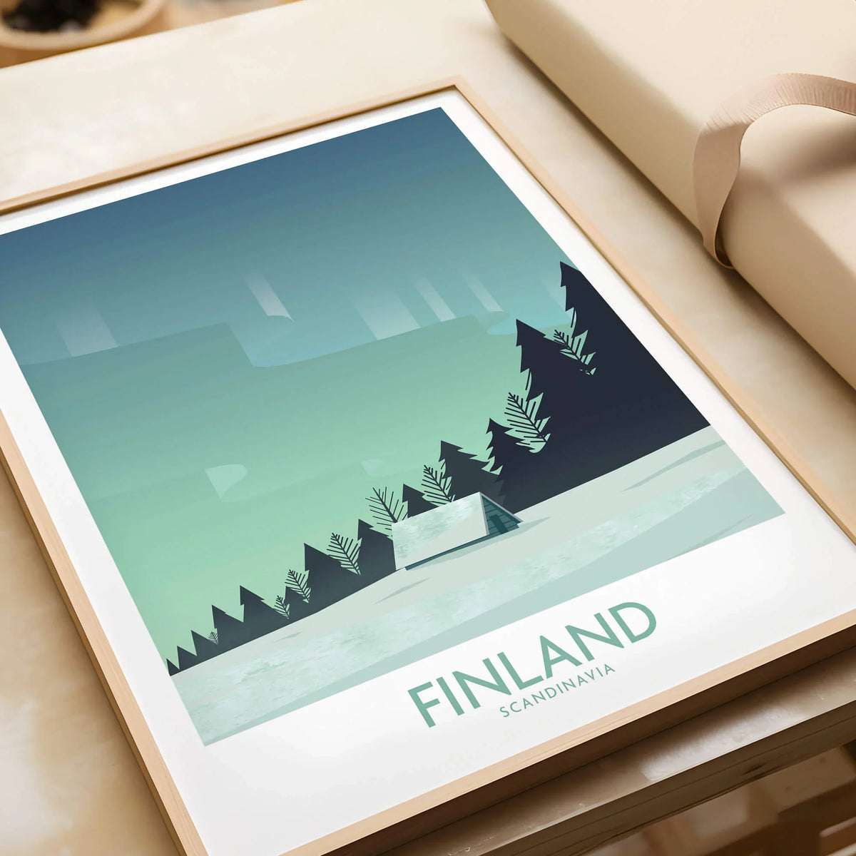 Finland Print Travel Poster showcasing serene Arctic landscape with minimalist design and northern lights.