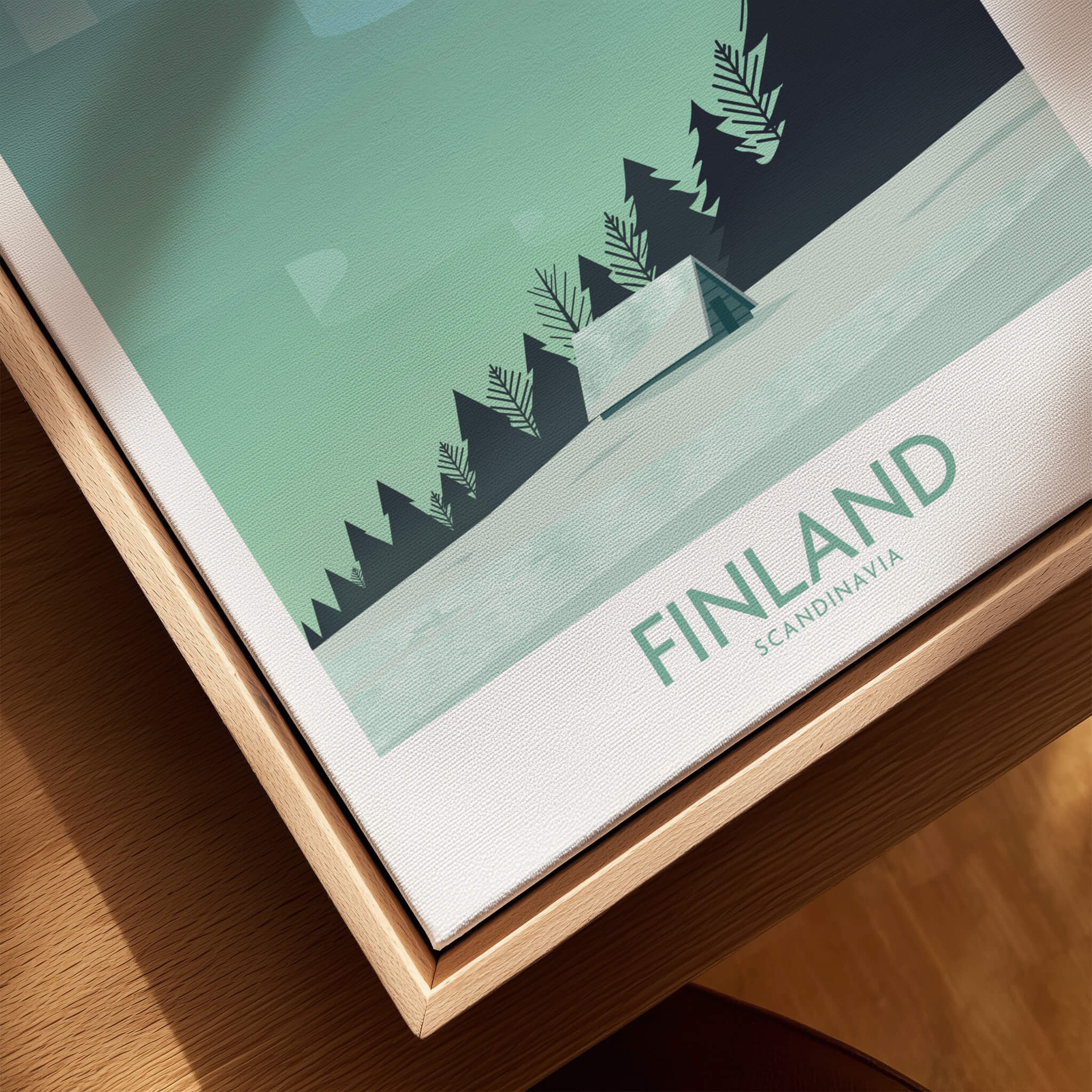 Finland Print Travel Poster showcasing a minimalist design with northern lights and Nordic landscapes.