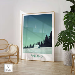 Finland Print Travel Poster showcasing a minimalist design with Arctic landscape and northern lights.
