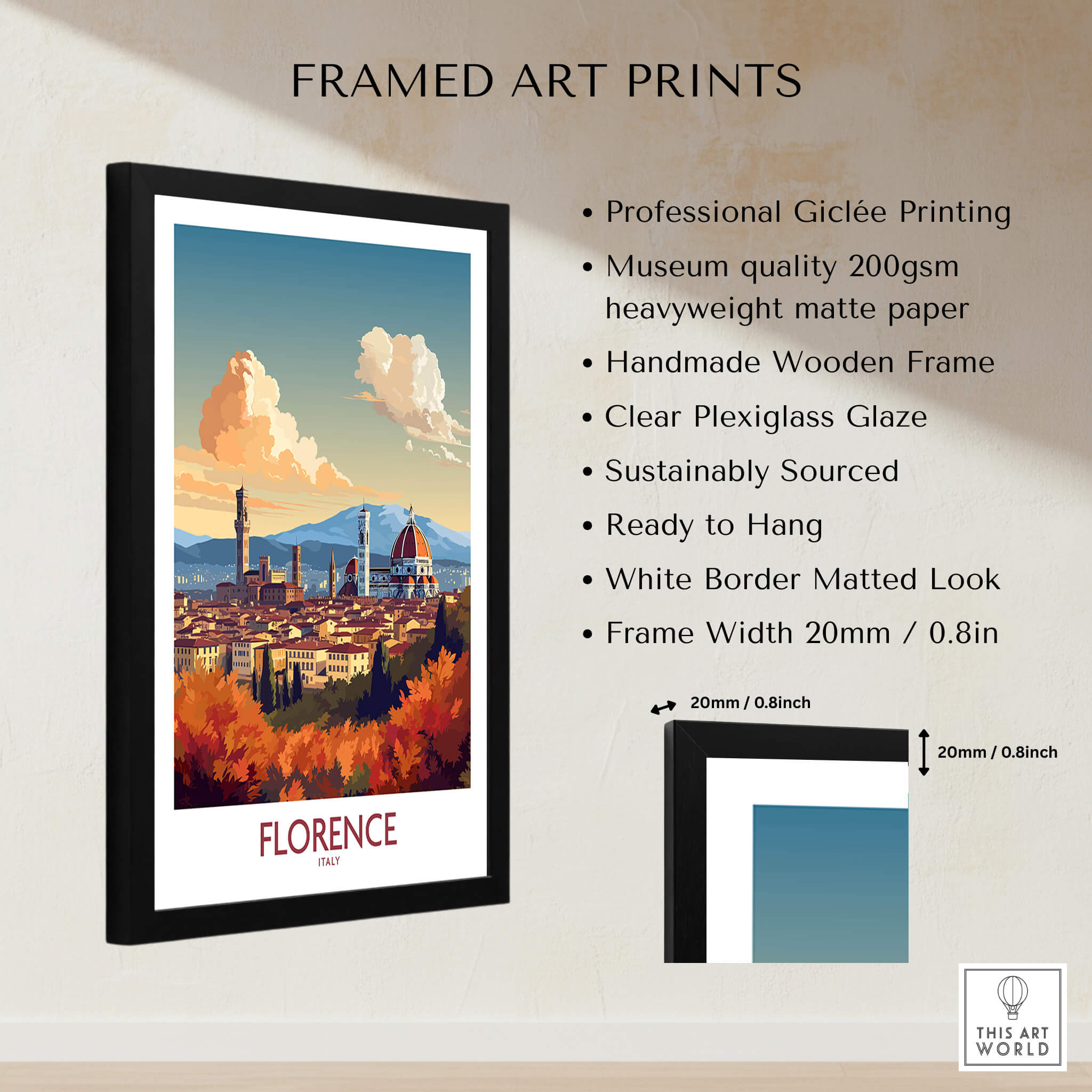 Florence Italy Wall Art | Modern Style featuring framed Giclée print of Florence skyline.