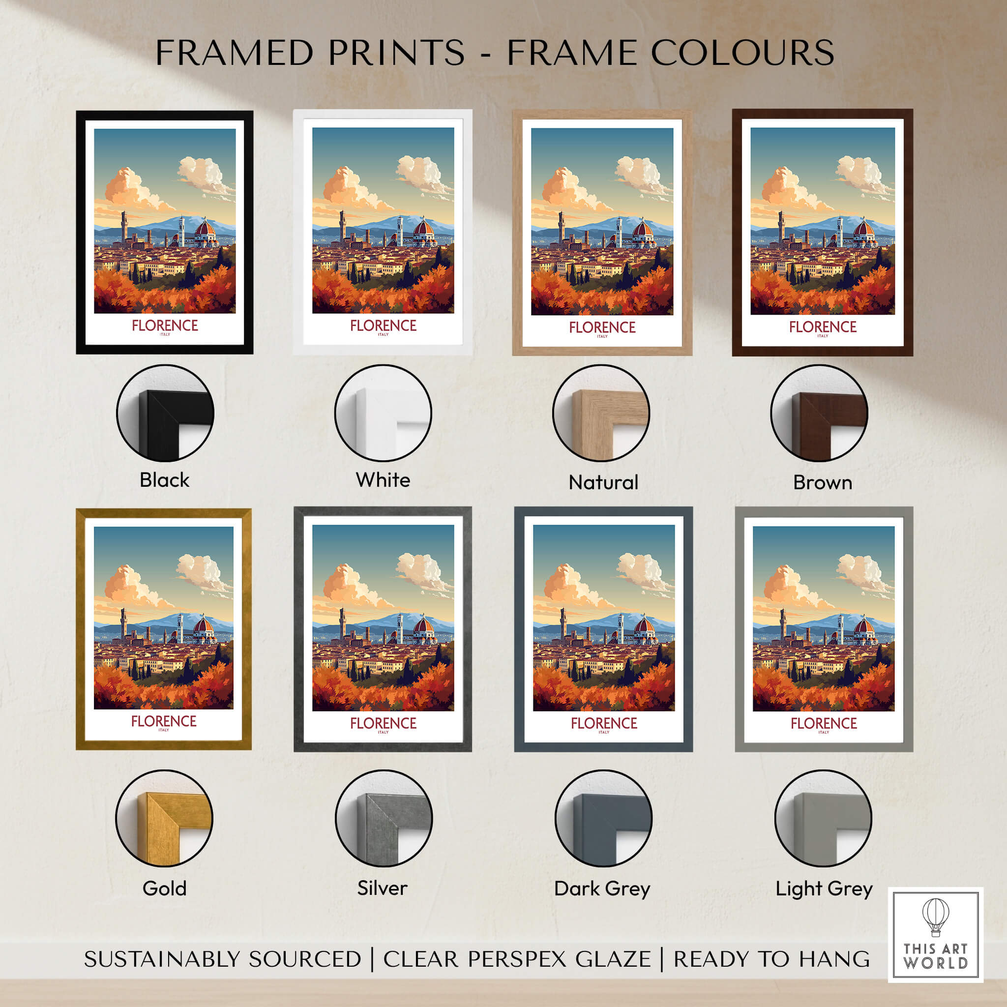 Florence Italy Wall Art | Modern Style framed print options in various frame colors including black, white, brown, gold, and silver.