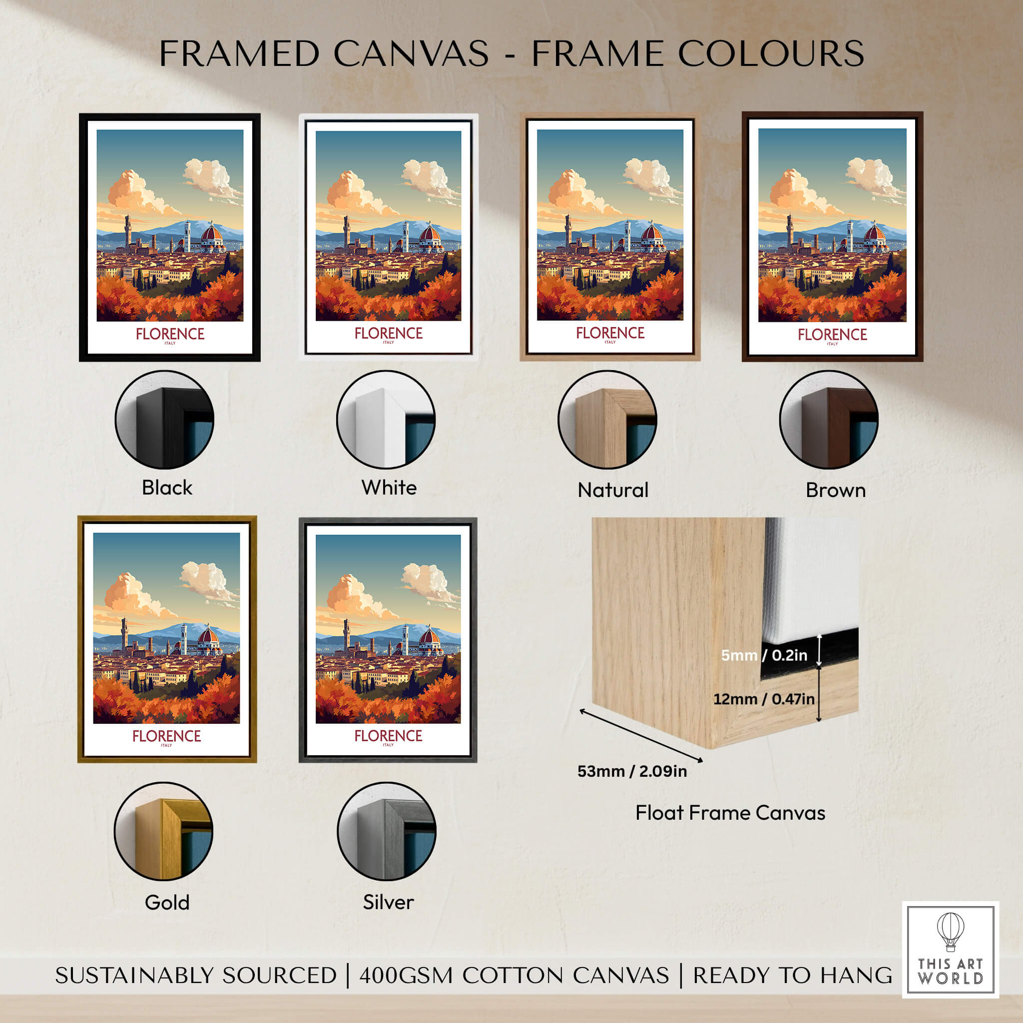 Florence Italy Wall Art | Modern Style - Display of framed canvas colors including Black, White, Natural, Brown, Gold, Silver.