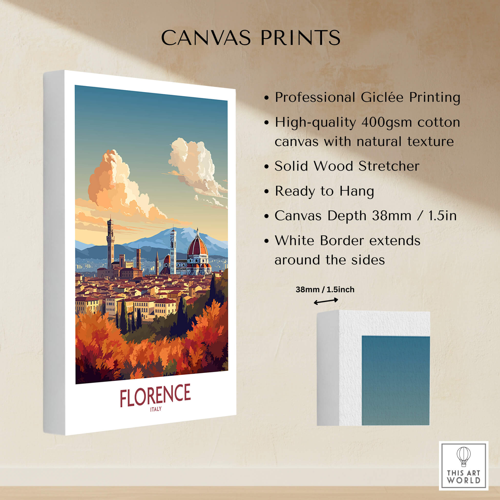 Florence Italy Wall Art | Modern Style with professional Giclée printing, solid wood stretcher, and a white border