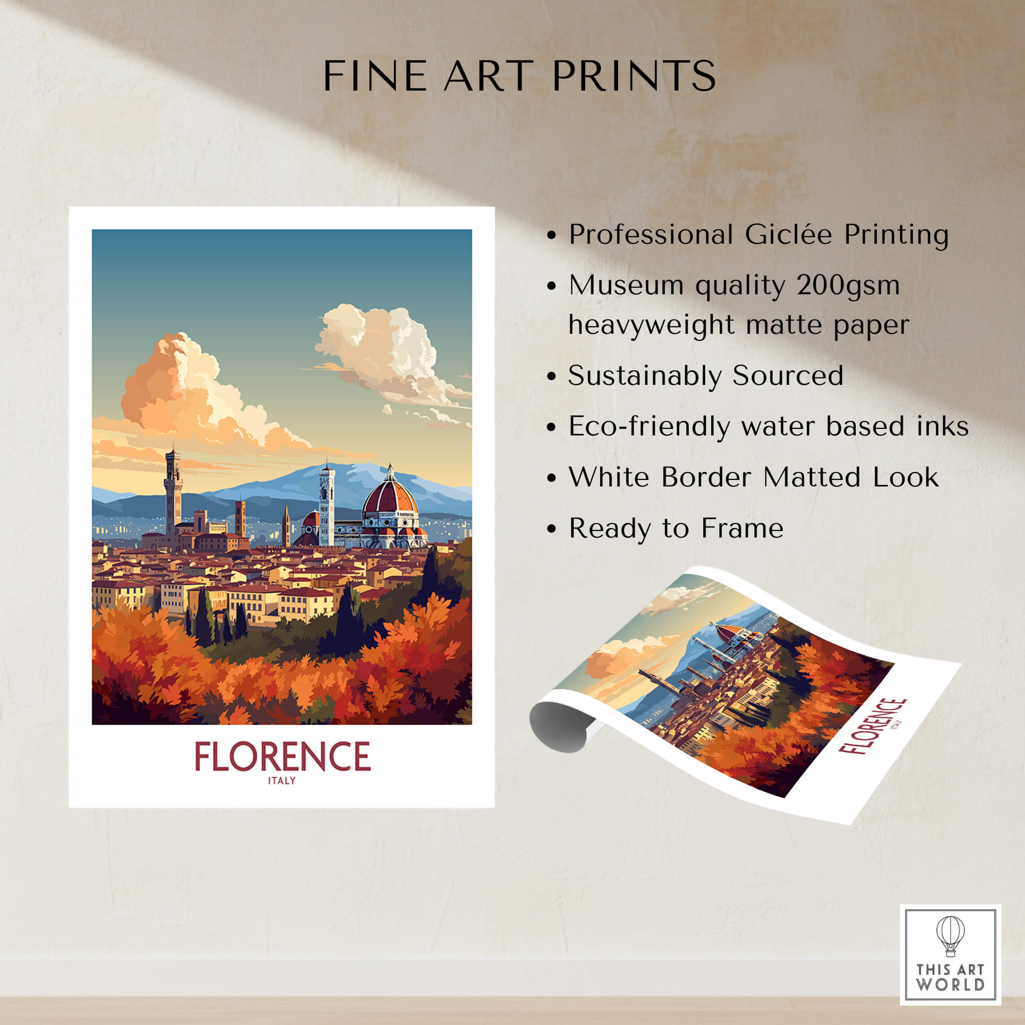 Florence Italy Wall Art | Modern Style print showcasing the Cathedral of Santa Maria del Fiore in a stunning travel poster.
