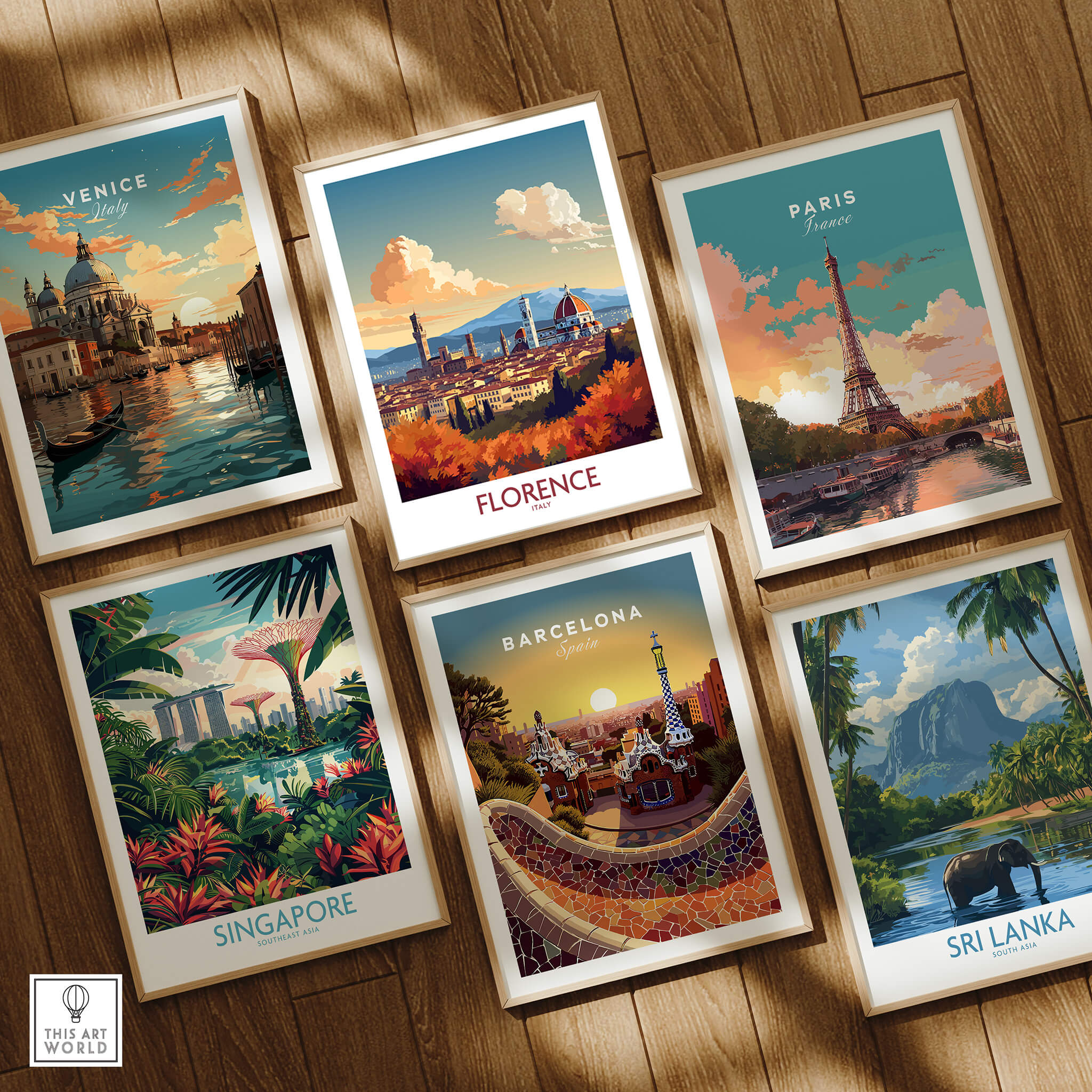 Florence Italy Wall Art | Modern Style collection featuring travel posters of Venice, Paris, Barcelona, Singapore, and Sri Lanka.