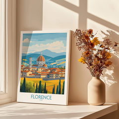 Florence Print Italy featuring a picturesque view of the city and mountains in a minimalist style.