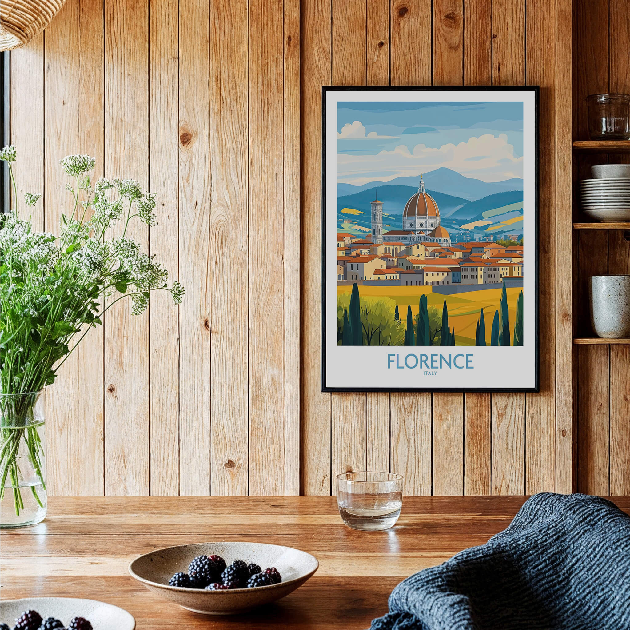 Florence Print Italy displayed in a cozy setting with wood accents and fresh flowers.