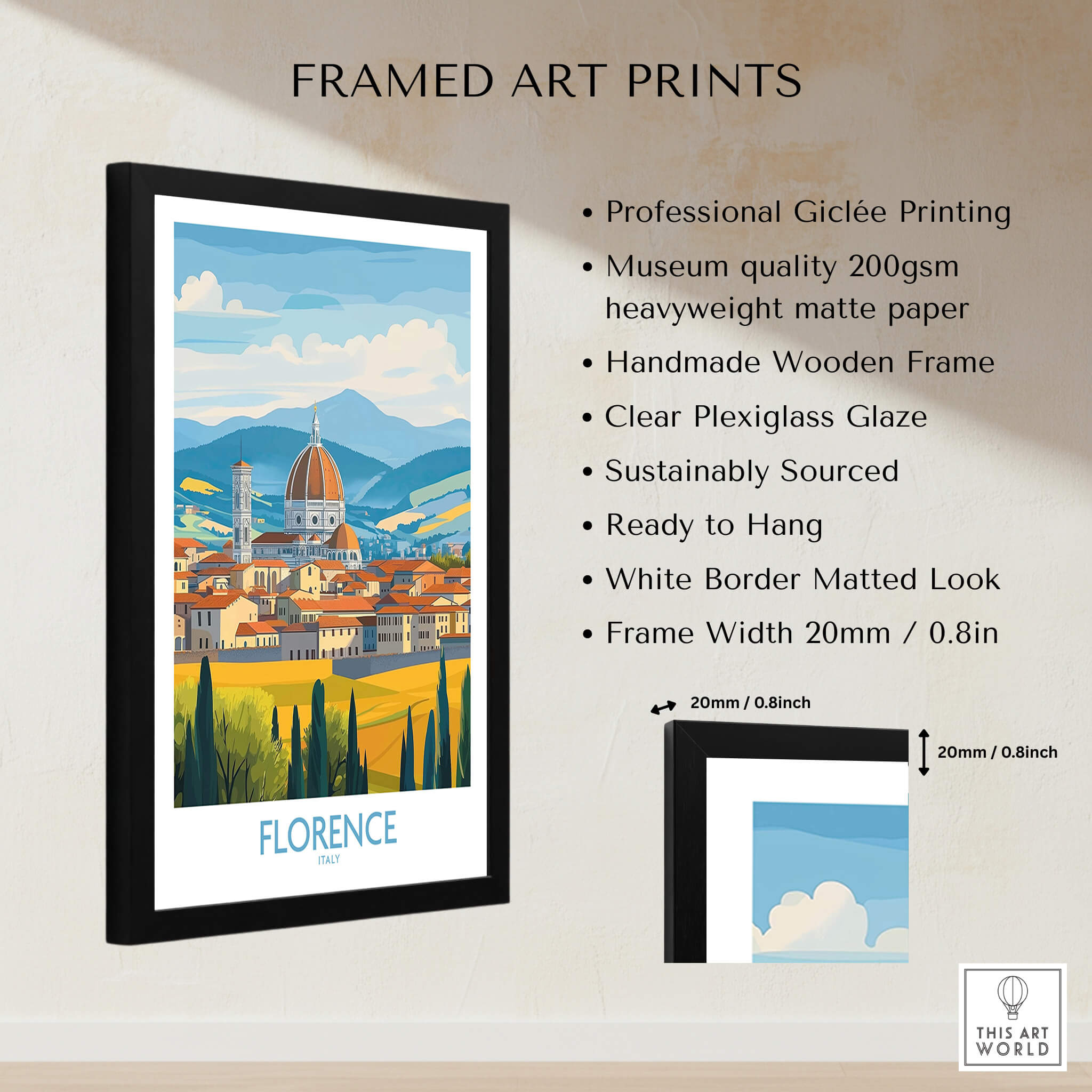 Florence Print Italy framed art print featuring a vibrant cityscape of Florence in a stylish wooden frame.