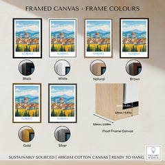 Framed canvas options for Florence Print Italy in various colors: Black, White, Natural, Brown, Gold, Silver.