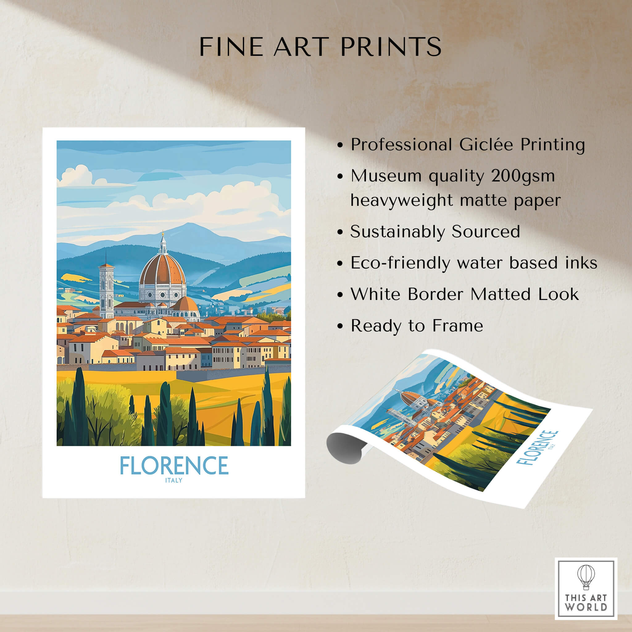 Florence Print Italy showcasing a beautiful art piece of Florence on heavyweight matte paper.