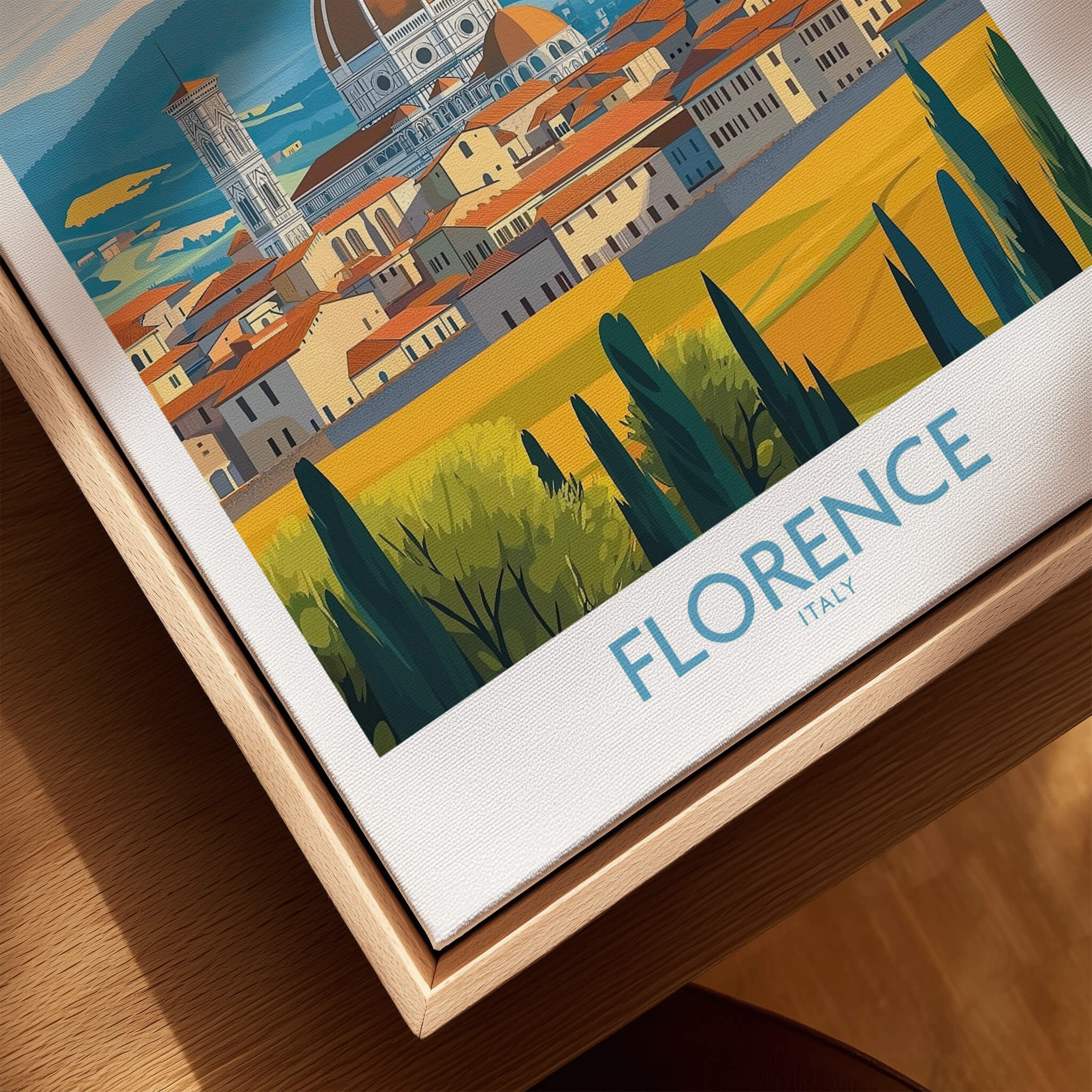 Florence Print Italy, showcasing a vibrant illustration of the city and its landscape in elegant frame.