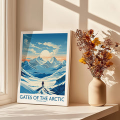 Gates of the Arctic National Park print on a windowsill with dried flowers and sunlight