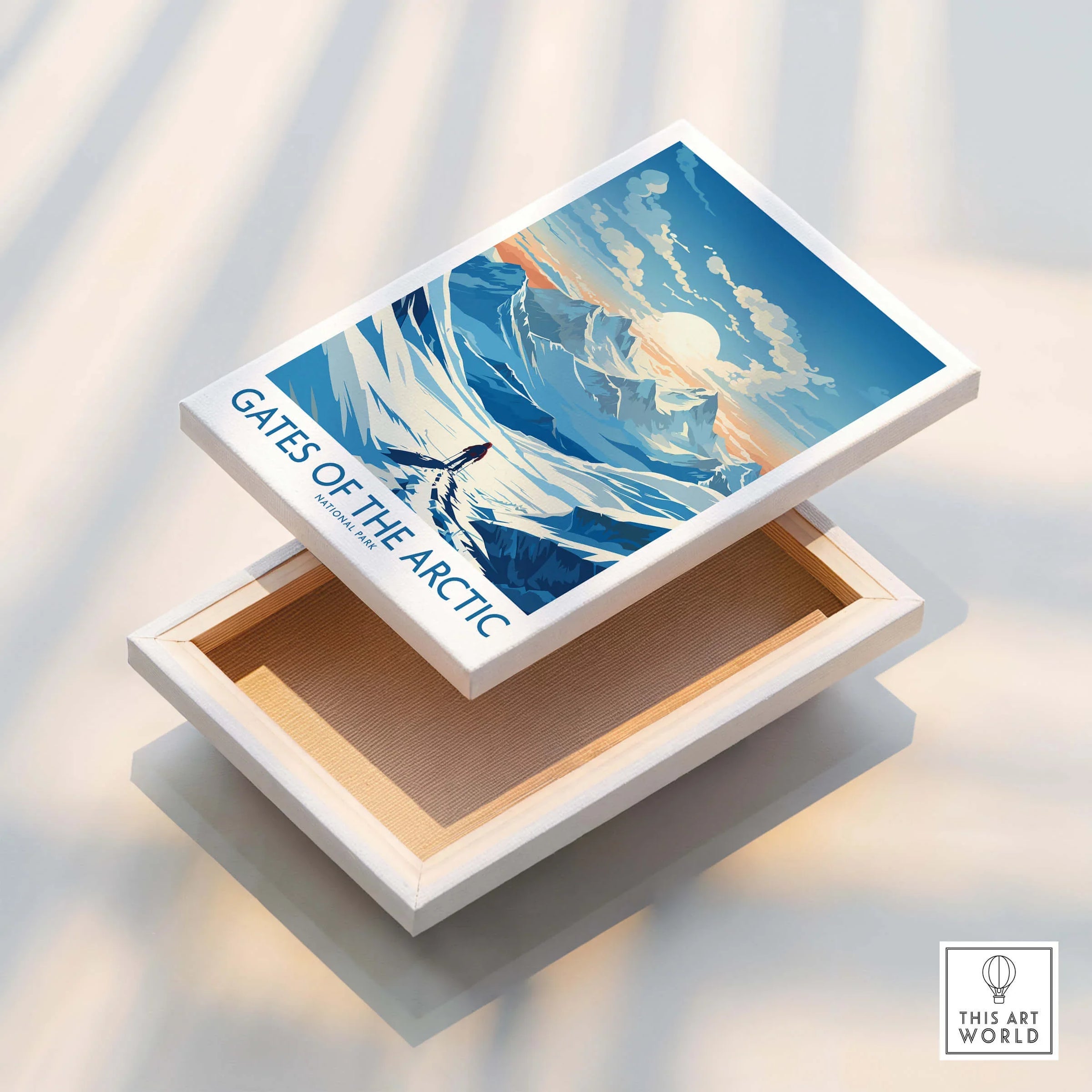 Gates of the Arctic National Park canvas print with snowy mountain landscape, floating frame detail.