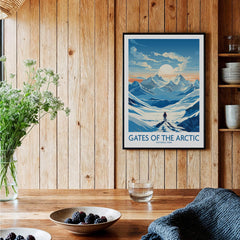 Gates of the Arctic National Park art print in a rustic kitchen with wooden walls