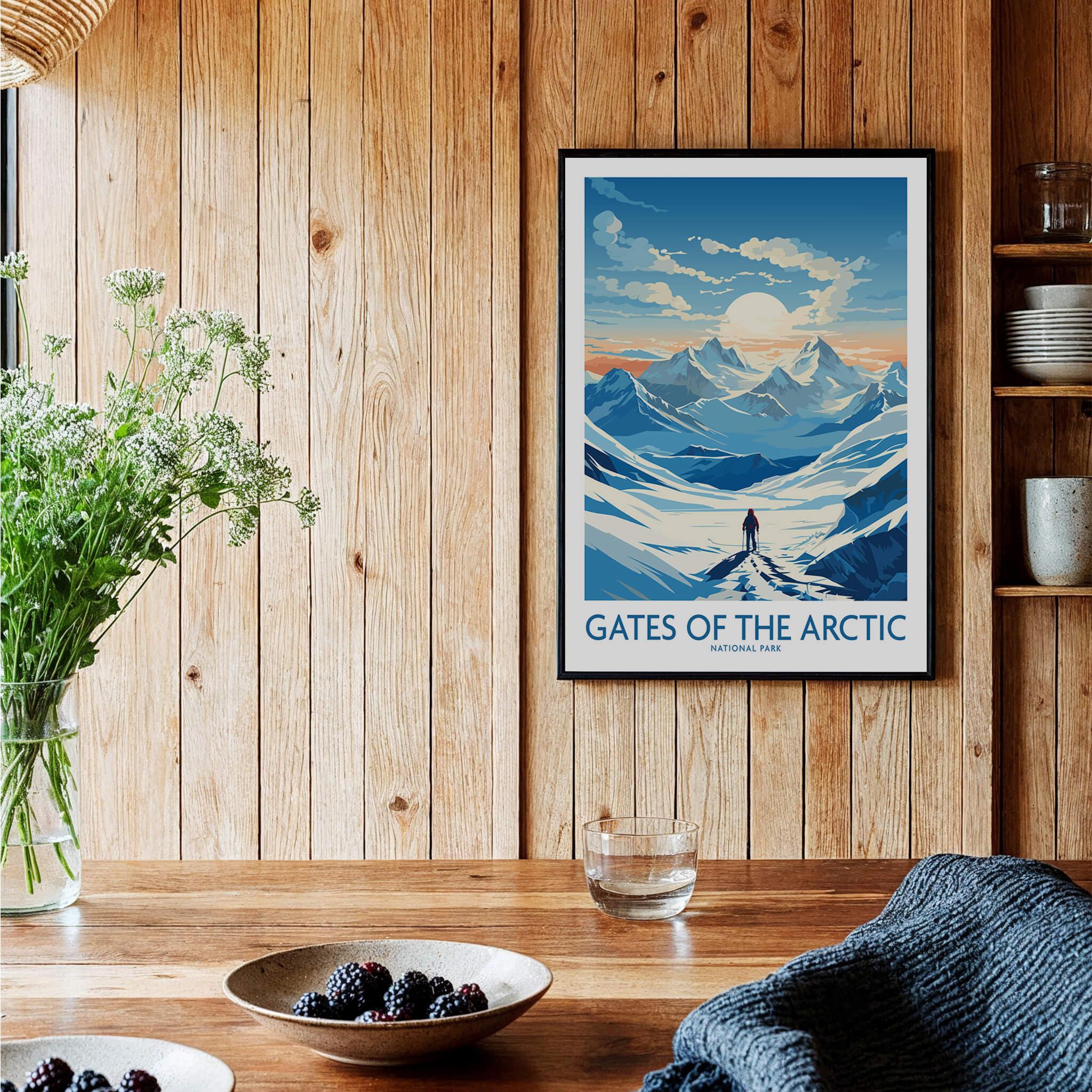 Gates of the Arctic National Park art print in a rustic kitchen with wooden walls
