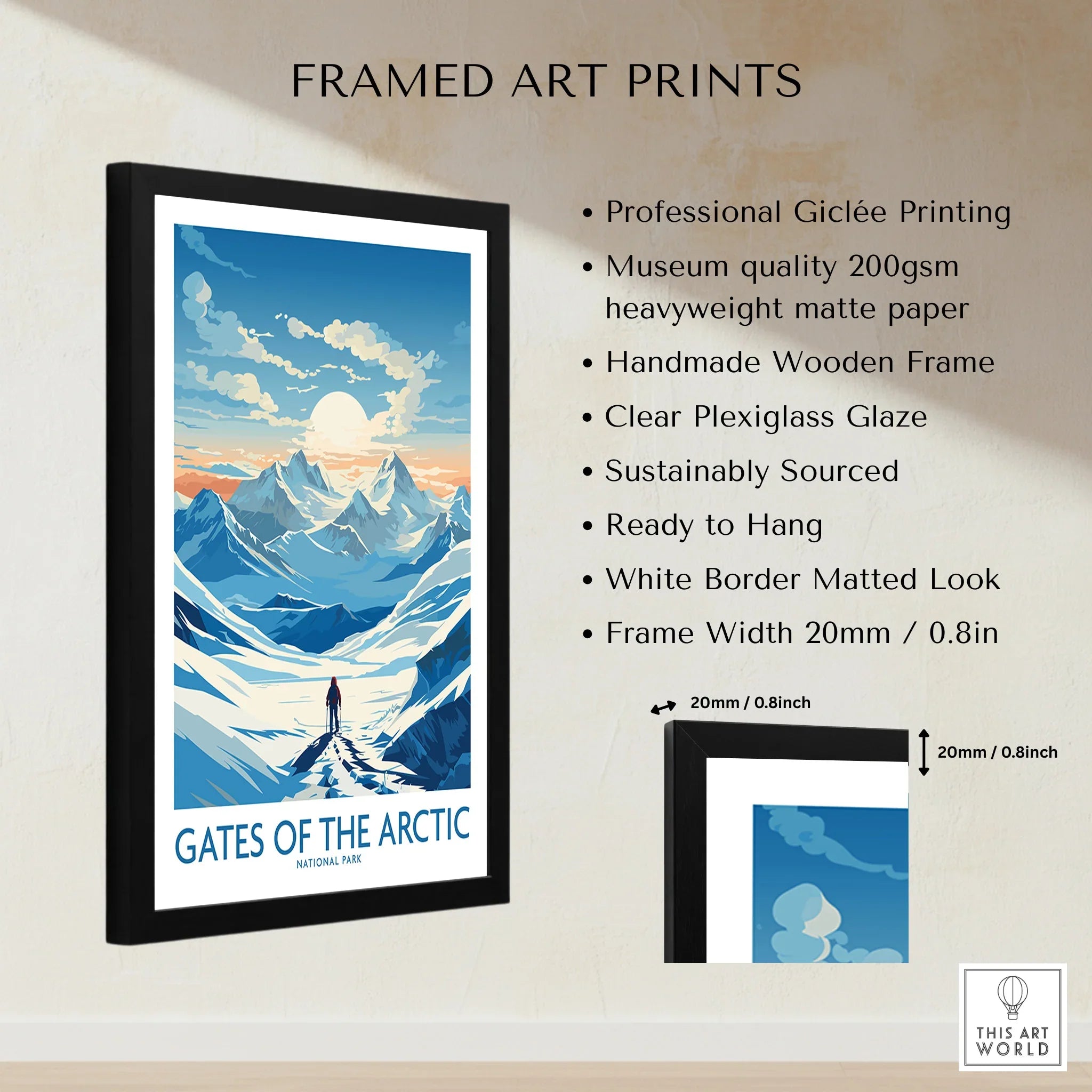 Framed Gates of the Arctic National Park art print with mountain landscape, sizing, and quality details