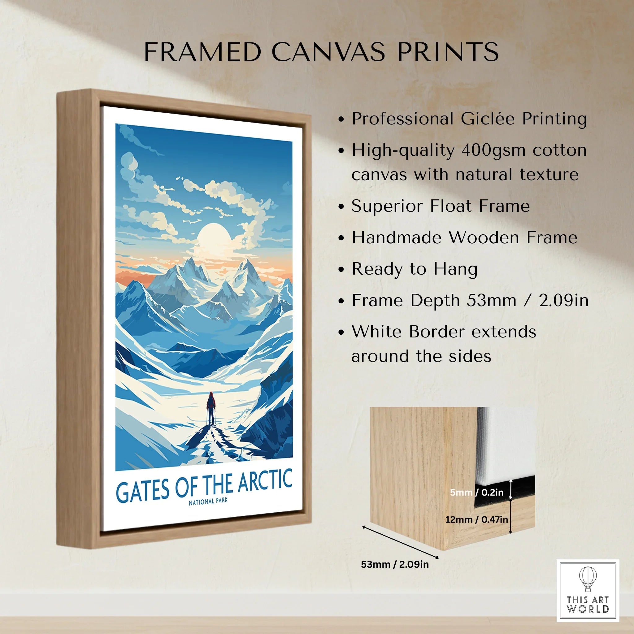 Framed canvas print of Gates of the Arctic poster with mountains, wooden float frame, and product details.