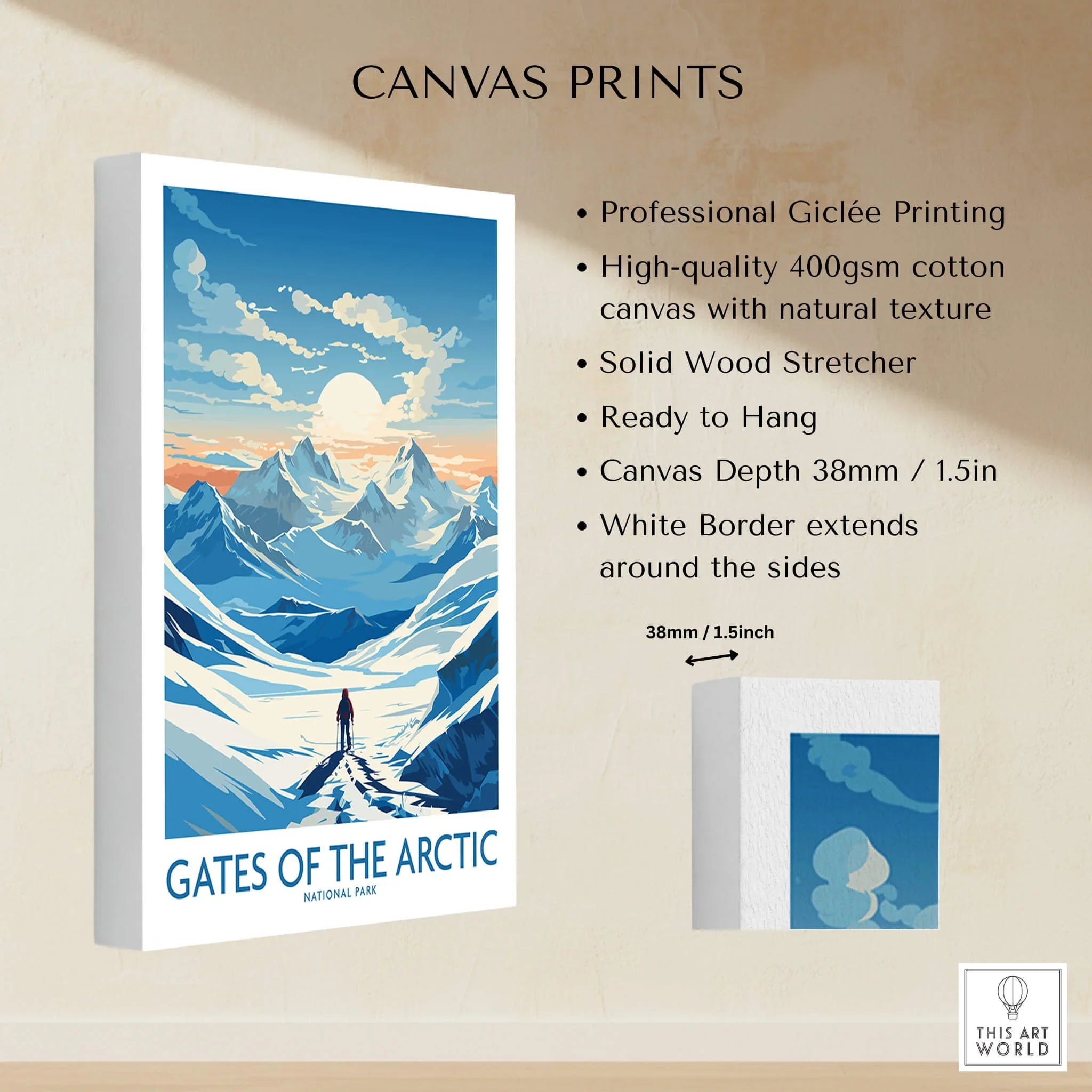 Gates of the Arctic National Park canvas print with snowy mountains and skier, ready to hang