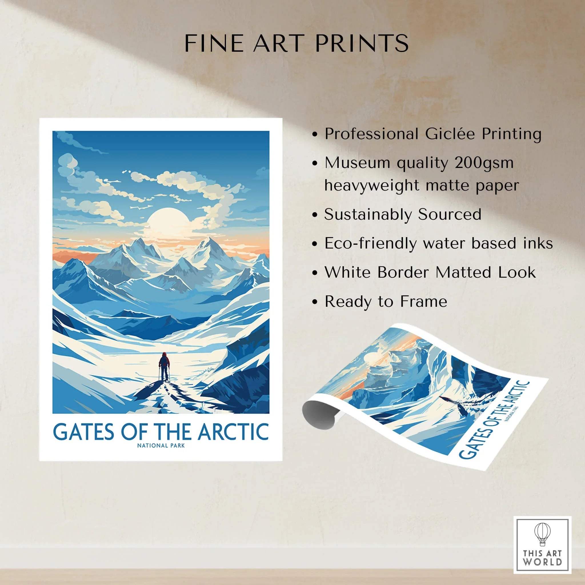 Gates of the Arctic National Park fine art print with snowy mountains, hiker, and sunrise.