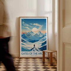 Framed Gates of the Arctic National Park travel poster leaning on wall in modern interior