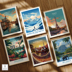 Set of six framed travel art prints on wood floor, featuring Venice, Paris, Arctic, Singapore, Barcelona, and Sri Lanka landscapes.