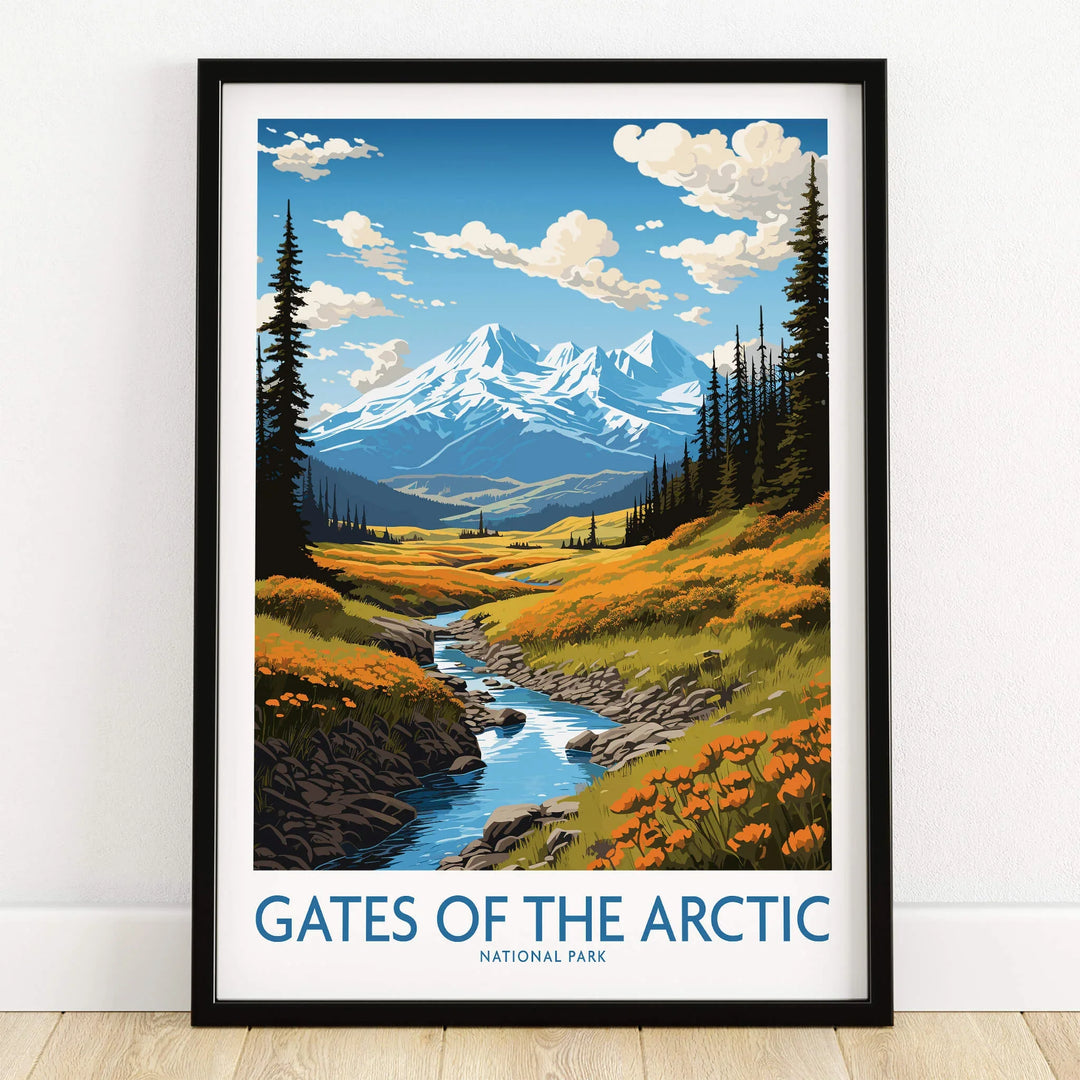 Gates of the Arctic National Park art print with snowy mountains, river, and wildflowers in black frame on wooden floor.