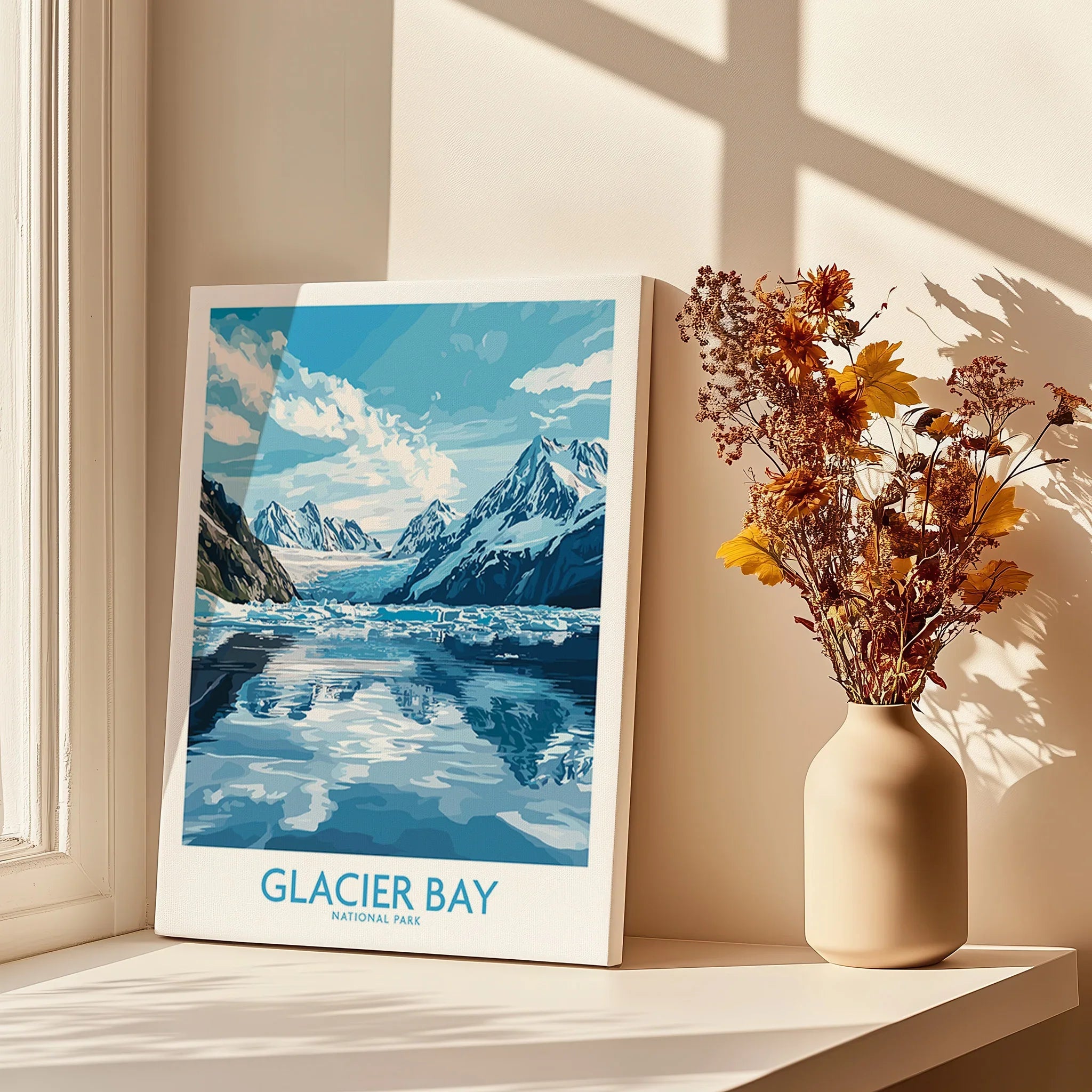 Glacier Bay National Park travel poster on windowsill with vase of dried flowers in sunlight
