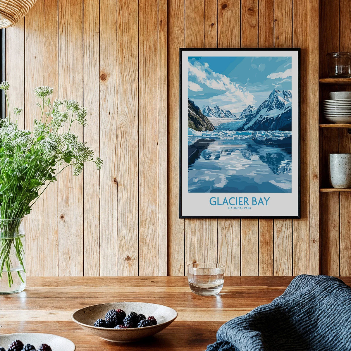 Glacier Bay National Park art print in black frame on wood wall in cozy kitchen setting