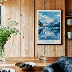 Glacier Bay National Park art print in black frame on wood wall in cozy kitchen setting