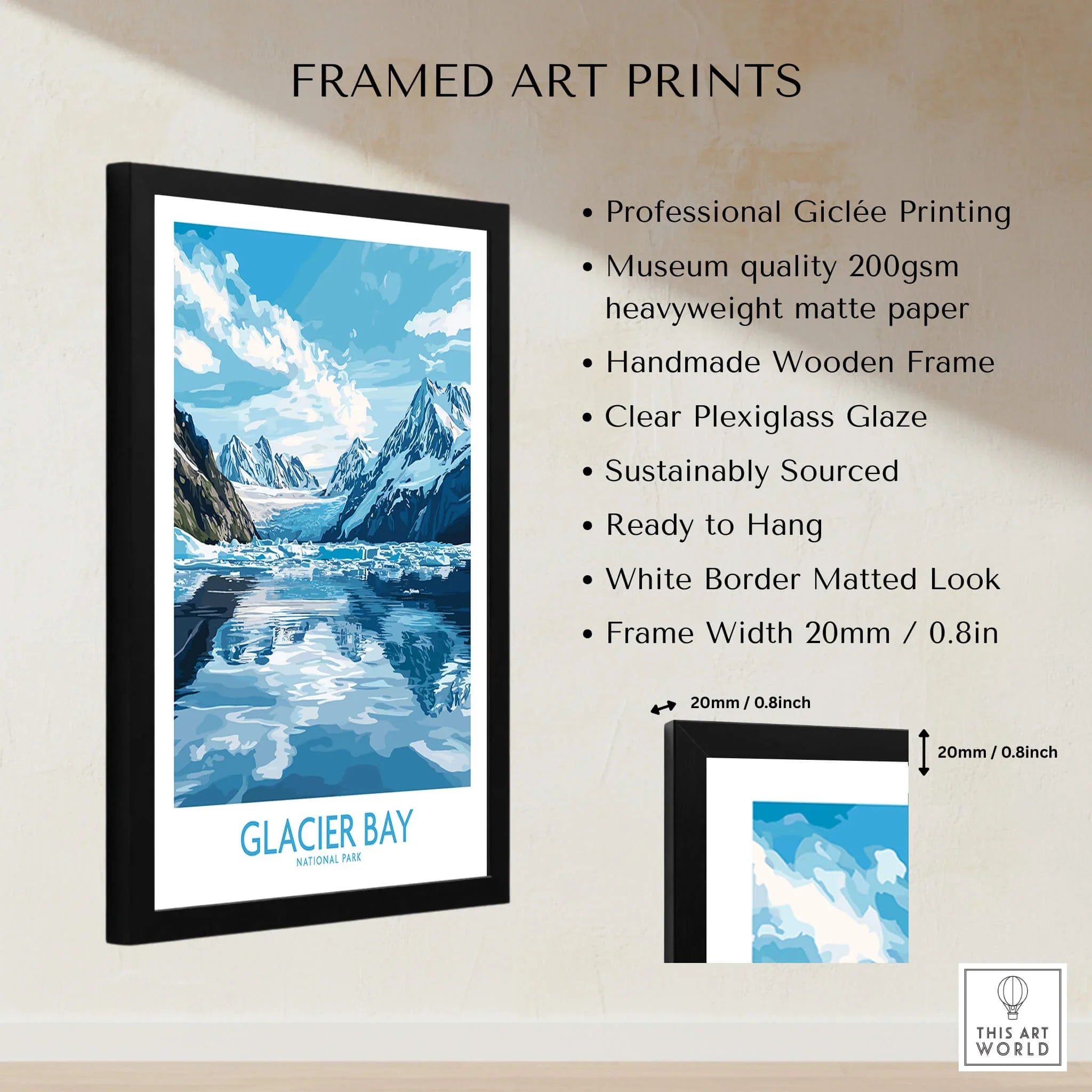 Framed Glacier Bay National Park art print on wall with print quality and frame details listed