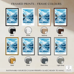 Glacier Bay travel art print in eight frame color options including black, white, natural, brown, gold, silver, dark grey, and light grey.