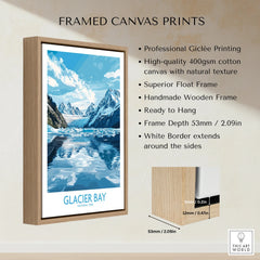 Framed Glacier Bay National Park poster print with wooden float frame and canvas details