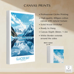 Glacier Bay National Park canvas print with snowy mountains, icy water, and white gallery wrap border.