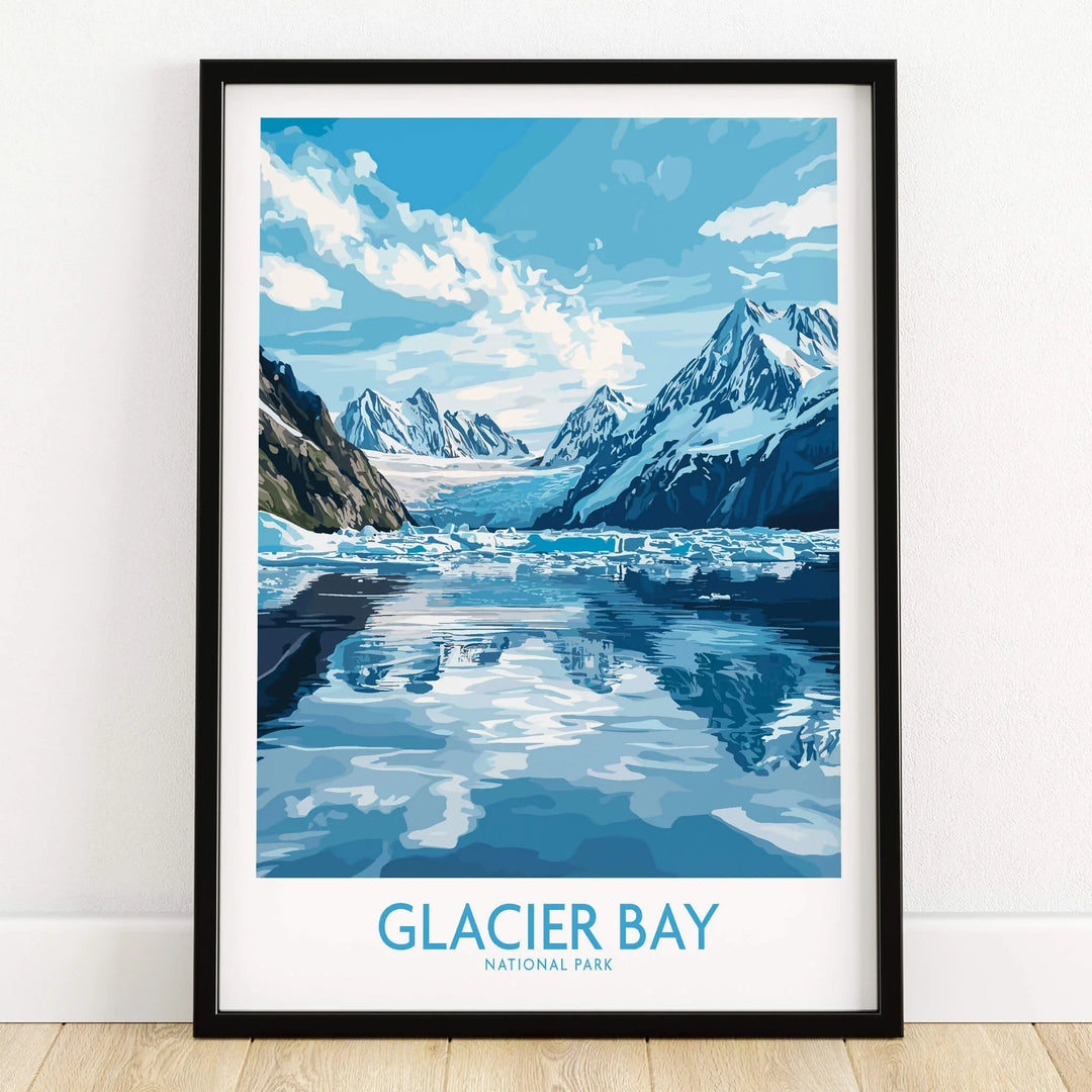 Glacier Bay National Park art print in black frame on wooden floor, mountain landscape poster.