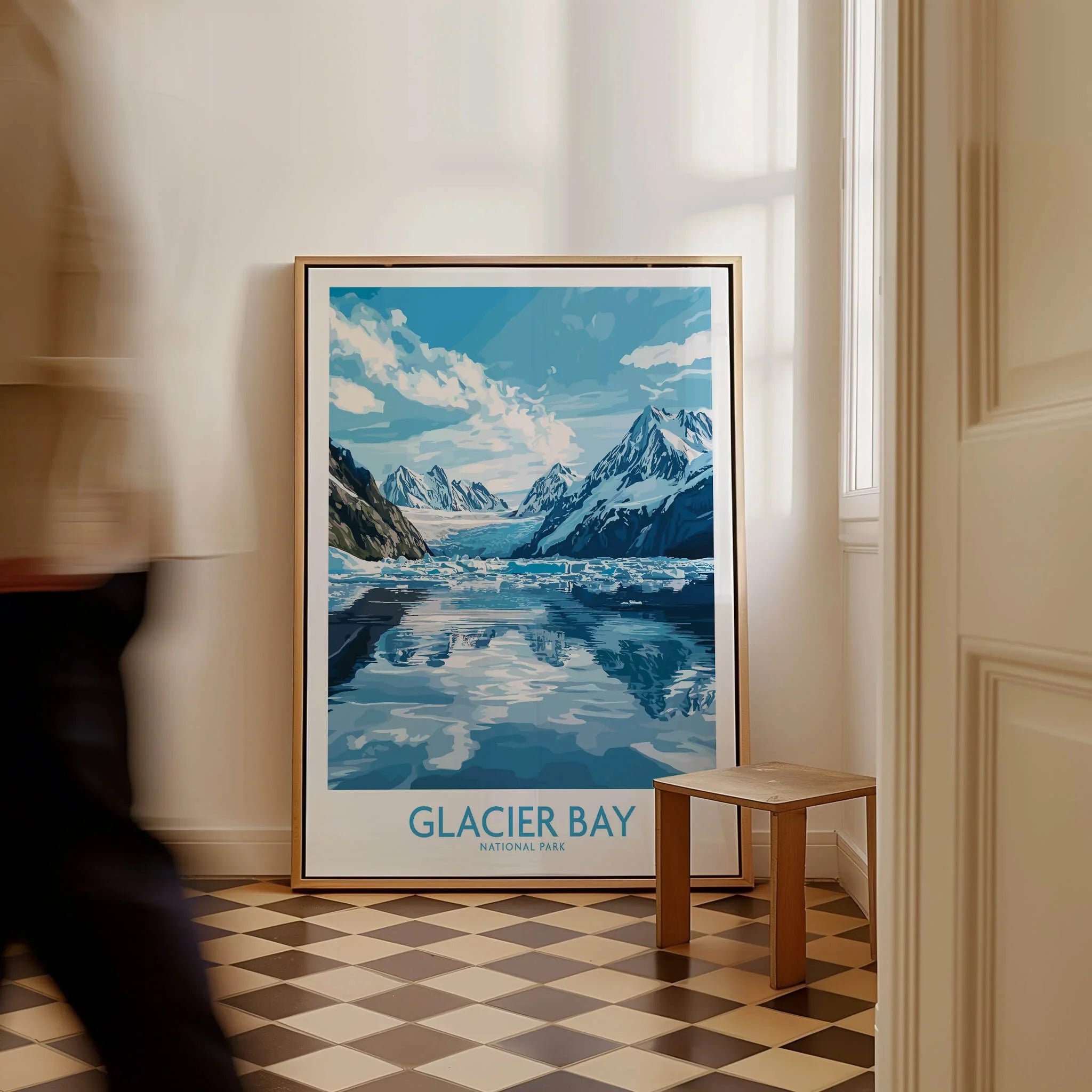 Glacier Bay National Park art print with snowy mountains, framed on a floor in a bright hallway