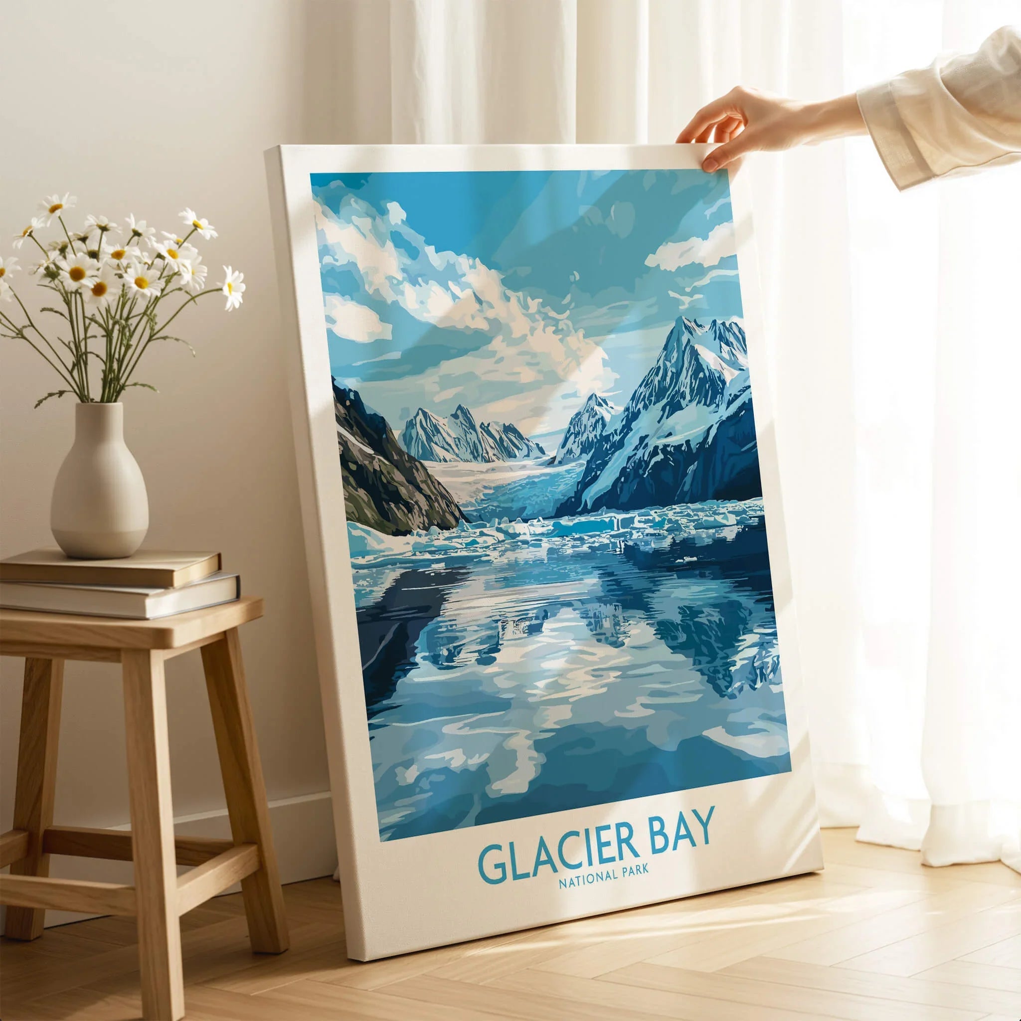 Glacier Bay National Park wall art print with mountain scenery, displayed in a modern room