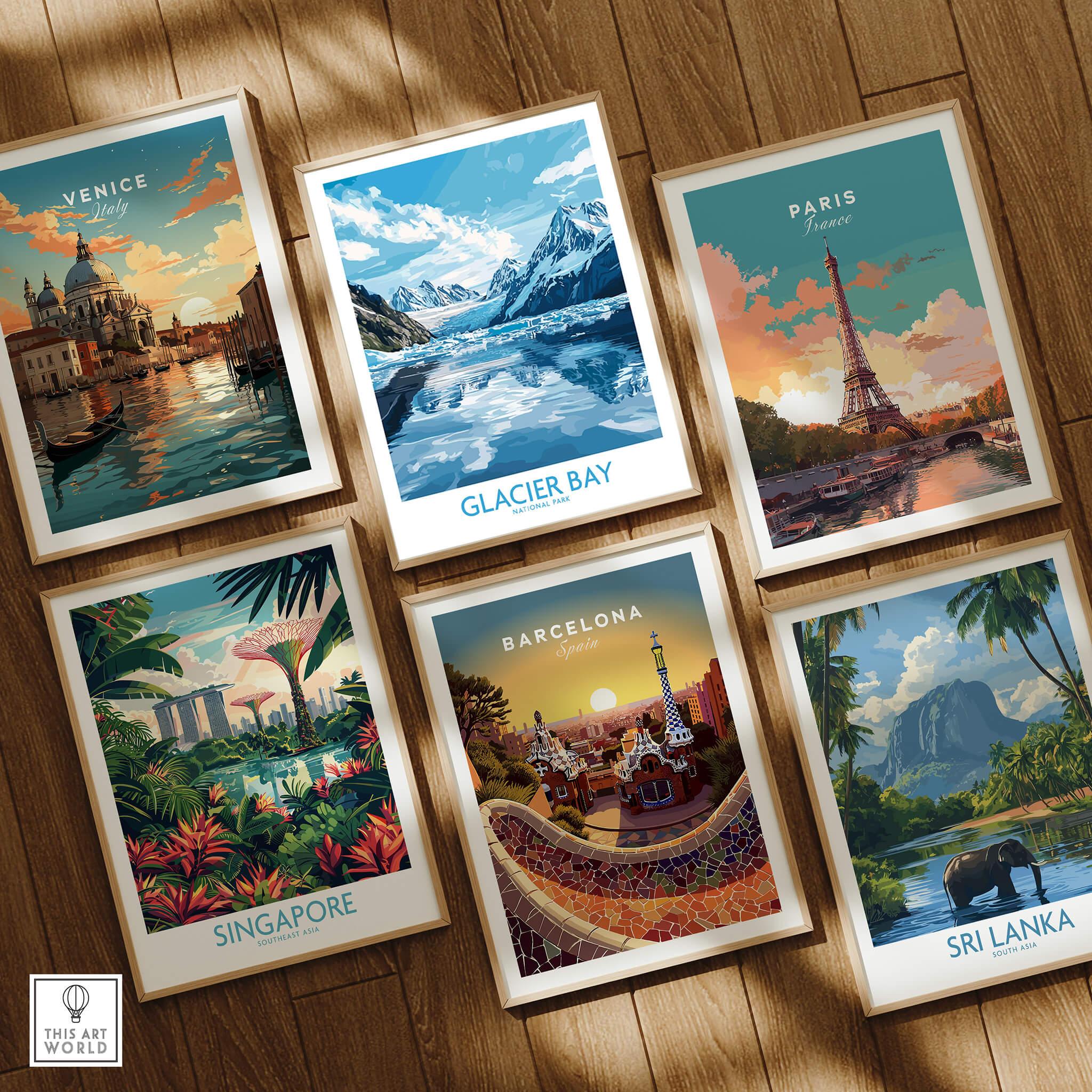 Set of six framed travel prints featuring Venice, Glacier Bay, Paris, Singapore, Barcelona, and Sri Lanka on a wooden floor.