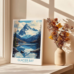 Glacier Bay National Park art print by a window with shadows and a vase of dried flowers