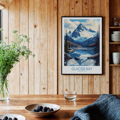 Glacier Bay National Park travel poster framed on wood wall in rustic kitchen setting