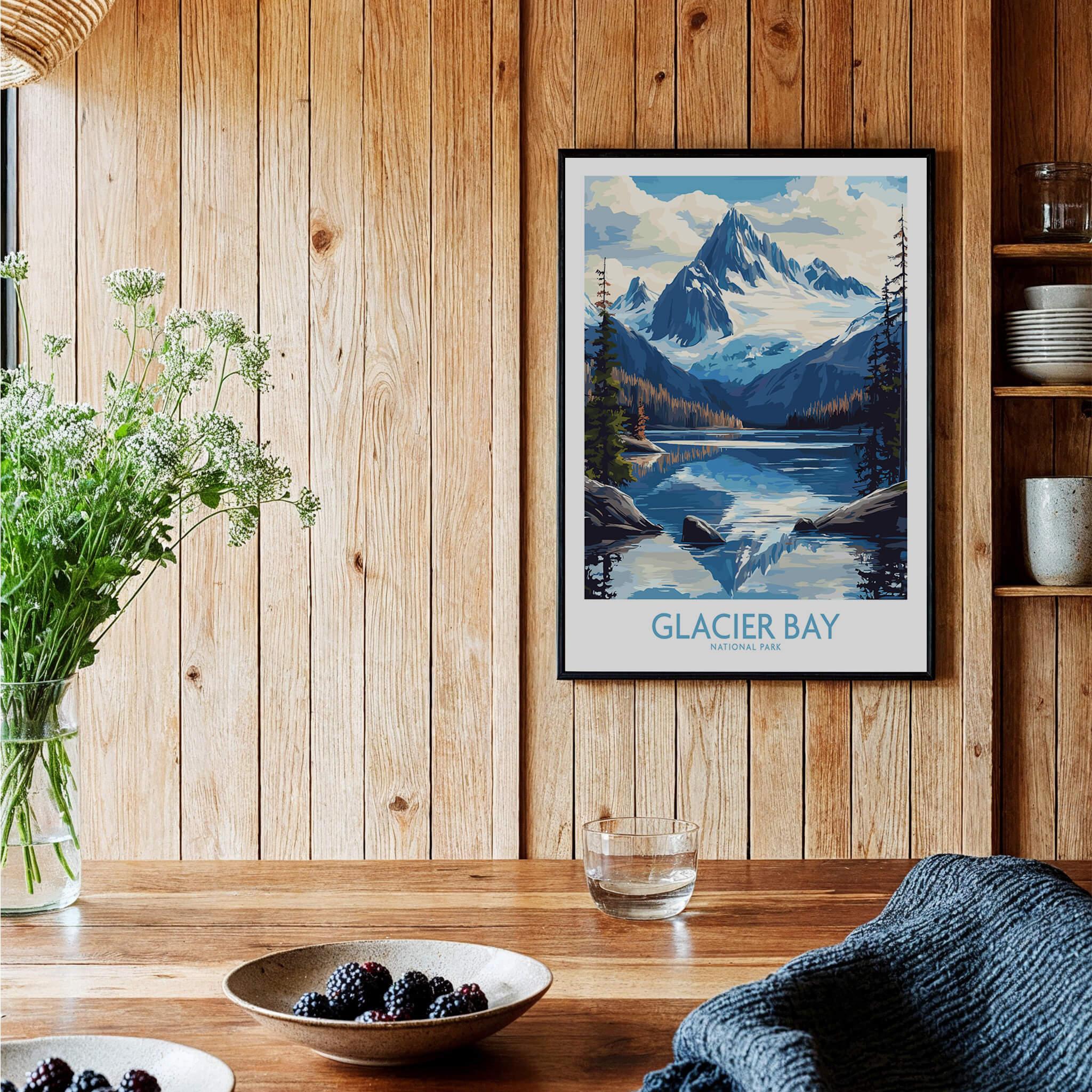Glacier Bay National Park travel poster framed on wood wall in rustic kitchen setting