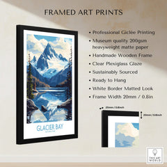 Framed Glacier Bay National Park art print with mountains, lake, and quality details listed
