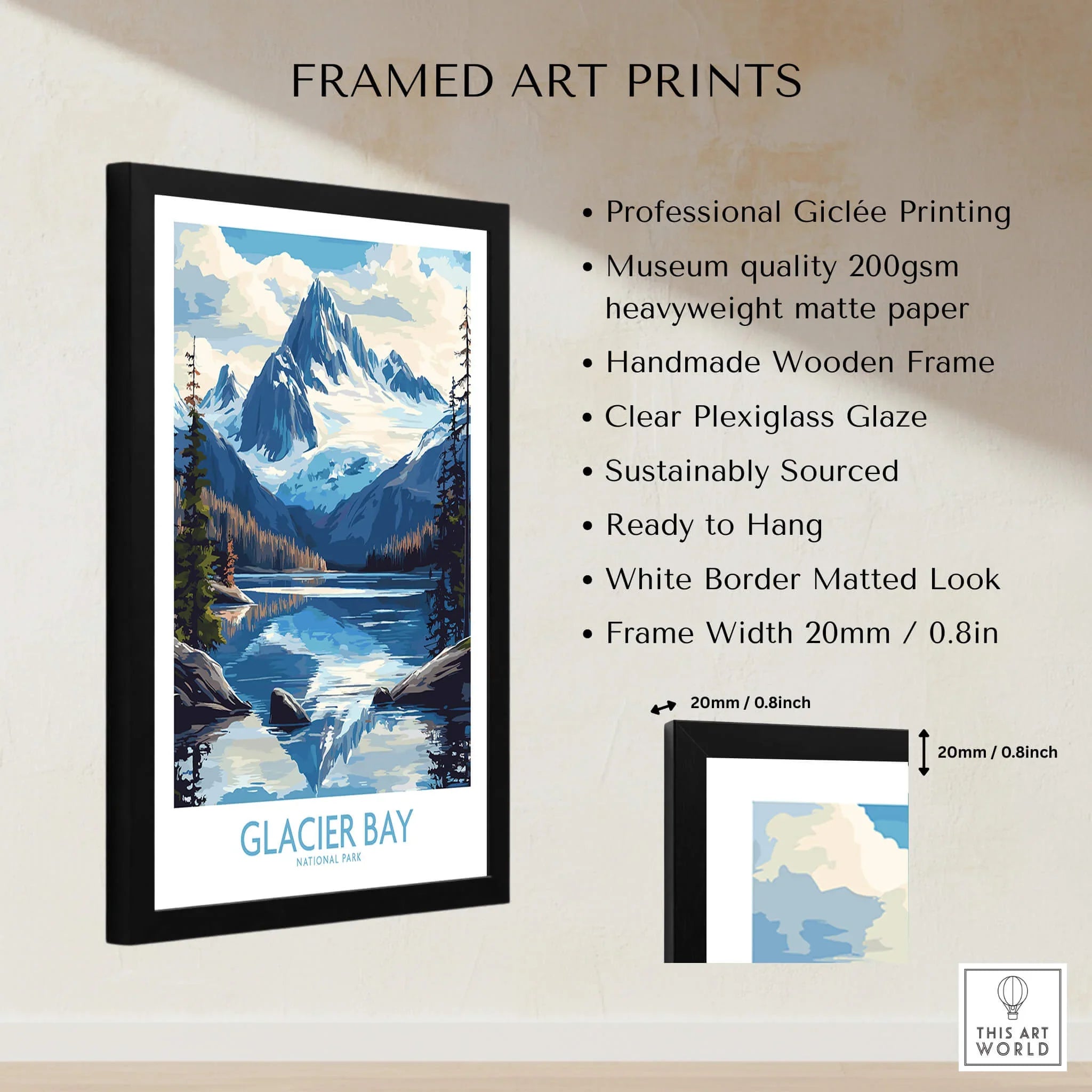 Framed Glacier Bay National Park art print with mountains, lake, and quality details listed